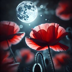 Mystical Red Poppy in Moonlight - A dramatic red poppy photographed in ethereal moonlight conditions. The flower glows against a dark background, creating mystery.