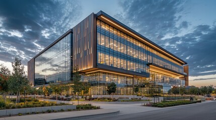 Obraz premium Modern glass office building at dusk.