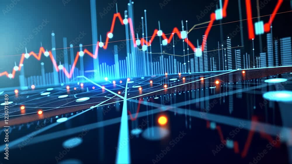 Poster business finance background. blue and red graph with many points and lines. the graph is a represent