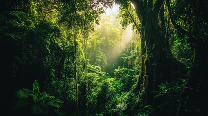 Fototapeta premium Lush Green Rainforest Sunlight Through Canopy