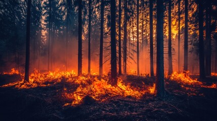 Fiery Forest Fire Burning Underneath Tall Trees