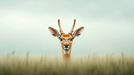   A close-up of a deer's head surrounded by tall grass and a blue sky in the background