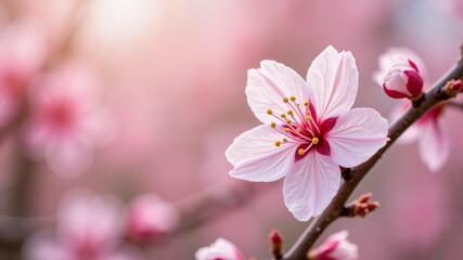 Fototapeta premium Cherry blossom flower blooming elegantly on branch with blurred pink background, symbolizing spring renewal and beauty. Vacation and travel advertising