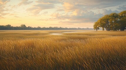 Fototapeta premium Golden sunrise over tranquil marsh landscape.