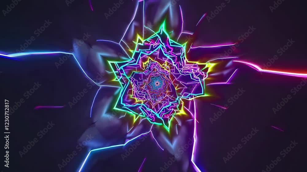 Poster colorful neon kaleidoscope tunnel. mesmerizing abstract animation with glowing geometric patterns. f