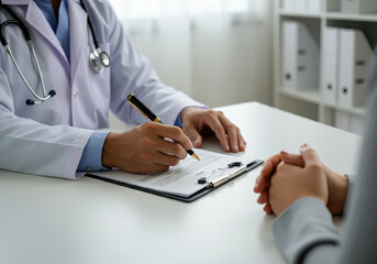 A close-up of a doctor in a white coat writing on a clipboard during a patient consultation