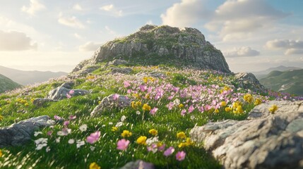 A mountain covered in vibrant spring wildflowers.