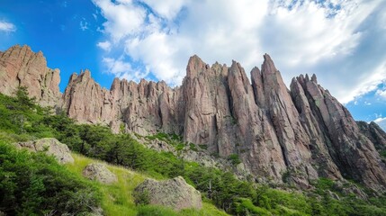 Obraz premium A mountain face with a series of natural caves and jagged rocks.