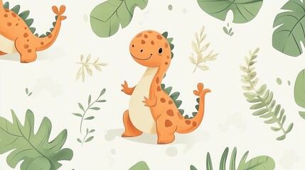 Adorable dinosaur pattern designed for children's products. Seamless animal background perfect for baby shower cards, bedding, fabric, wallpaper, gift wrap, textiles, and T-shirt designs. 