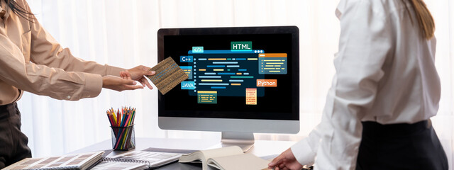 Software development or programming work with coding screen of various programming languages like HTML, Python, Java, and C brisk for new application development