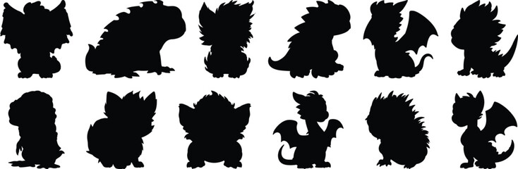 Monster silhouettes set, creature pack of vector silhouette design, isolated background
