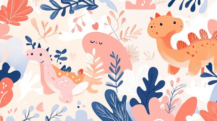 Fototapeta premium Adorable dinosaur pattern designed for children's products. Seamless animal background perfect for baby shower cards, bedding, fabric, wallpaper, gift wrap, textiles, and T-shirt designs. 