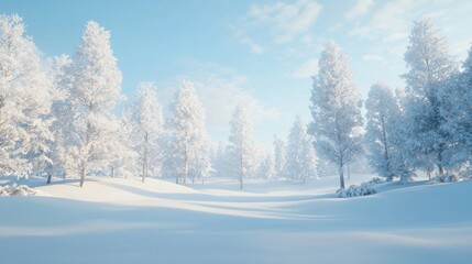 Fototapeta premium Snowy winter forest landscape with sunlight.
