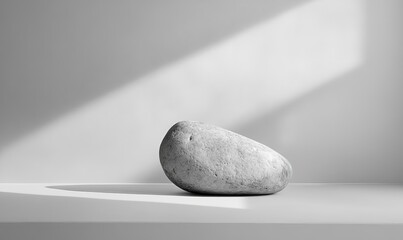 Single grey stone on white surface with dramatic lighting.