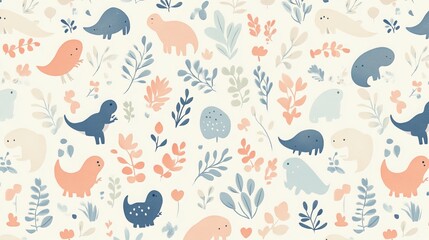 Fototapeta premium Adorable dinosaur pattern designed for children's products. Seamless animal background perfect for baby shower cards, bedding, fabric, wallpaper, gift wrap, textiles, and T-shirt designs. 