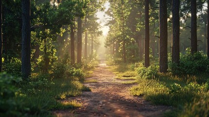 Obraz premium Sunlit path through a misty forest.