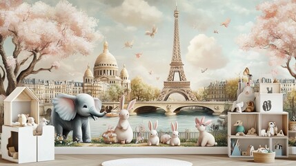 Adorn your child's room with enchanting Elephant and Bunnies Kids Room Wallpaper Mural. This whimsical mural depicts adorable elephants and cute bunnies frolicking amidst the iconic Tour Eiffel