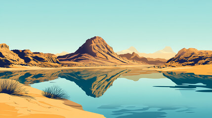A desert landscape with a river and a mountain in the background. the water is calm and reflects the surrounding mountains. Desert Shores. Illustration