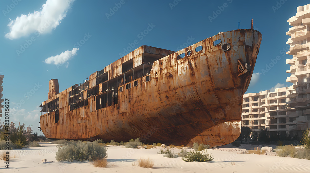 Canvas Prints A large rusty ship on the sand in the desert generative ai. Desert Shores. Illustration