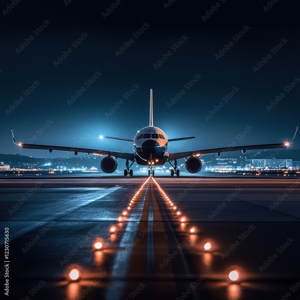 Poster airplane on illuminated runway at night surrounded by navigation lights in a bustling airport enviro