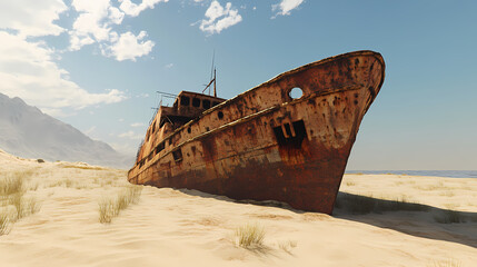 A large rusty ship on the sand in the desert generative ai. Desert Shores. Illustration