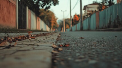 Low angle view of residential street with autumn leaves.