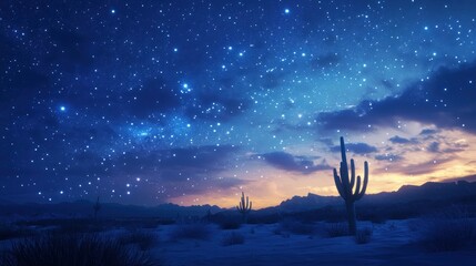 Starry night sky over desert landscape with cacti silhouettes.