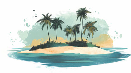A small tropical island with palm trees on a white sand beach and turquoise water. Desert Shores. Illustration