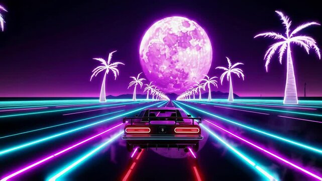 Retro-futuristic night drive. Neon-lit highway with palm trees and giant moon. Synthwave aesthetic. Vibrant purple and teal colors. Nostalgic 80s vibe