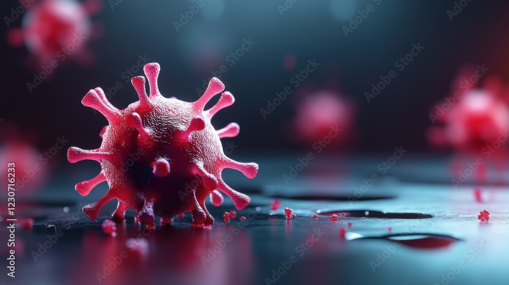 Aufkleber microscopic view of a virus cell with red structure and droplets on dark background in a scientific 