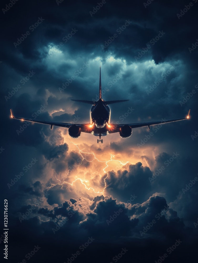 Aufkleber airplane navigates turbulent stormy clouds during a dramatic lightning display in the evening sky. g
