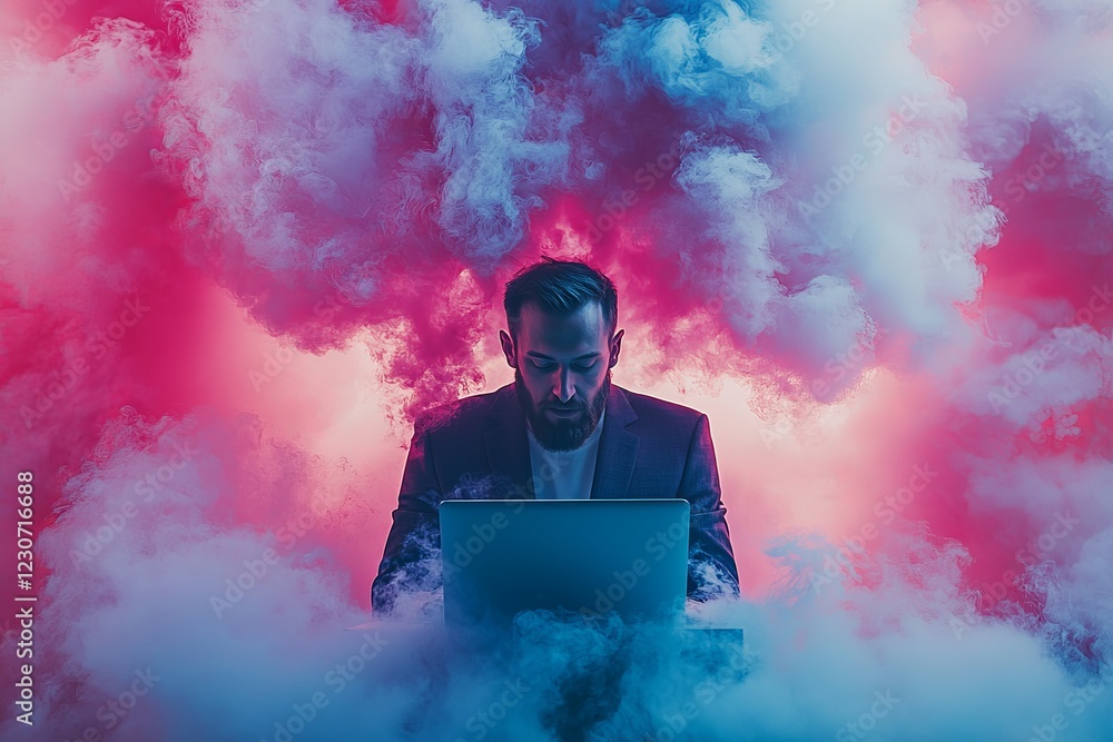 Aufkleber man using laptop in colorful fog with dramatic lighting in a creative workspace environment