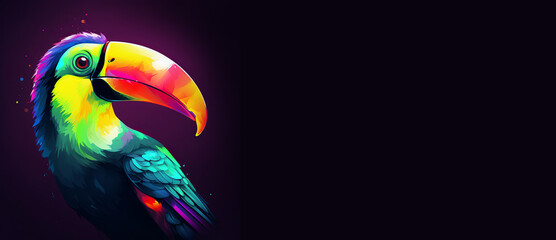 Fototapeta premium Bright Colored Toucan Bird Portrait Isolated on Black background. Fantasy Wild Exotic Mascot Bird Symbol Silhouette. Bold Animal Show Advertising card Wallpaper Decoration.