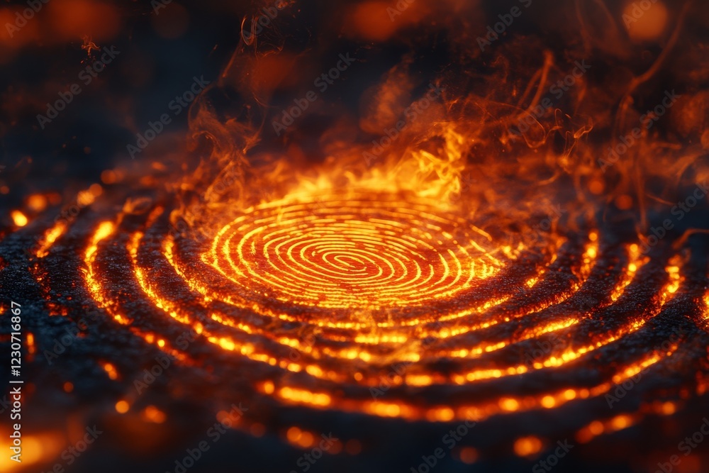 Poster circular patterns form as molten lava flows, creating a mesmerizing display in a volcanic landscape