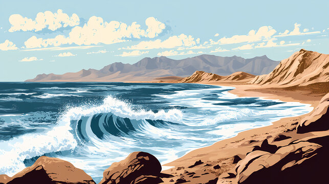 Desolate coastline with waves crashing against rocky shores, desert landscape, sky, baja california. Desert Shores. Illustration