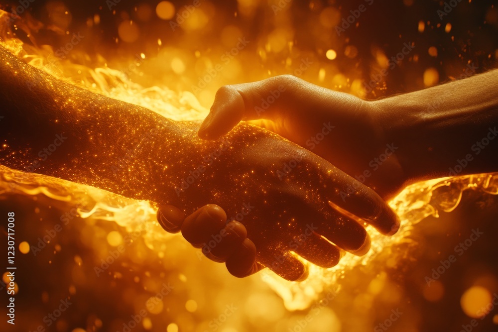 Aufkleber hands joined in a fiery embrace showcasing unity and strength during a bright and dynamic moment