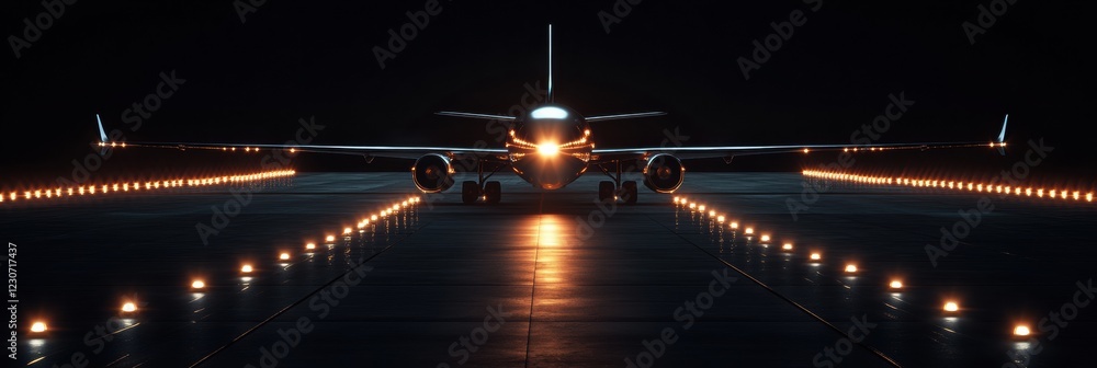 Poster airplane prepares for takeoff on illuminated runway surrounded by navigation lights at night. genera