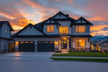 Beautiful modern house exterior at sunset with vibrant sky and warm lights illuminating the windows