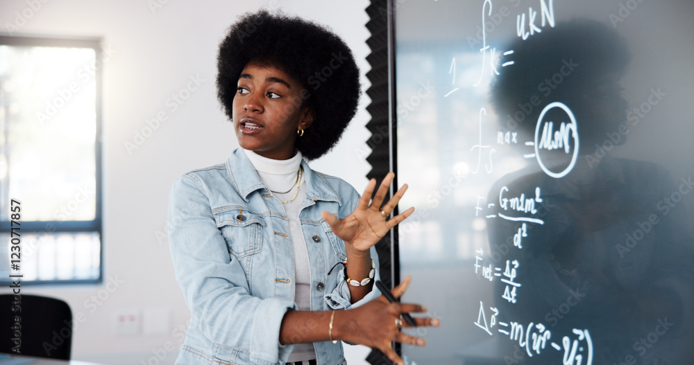 Aufkleber education, black woman and student by board in lecture explaining science equation to class at colle