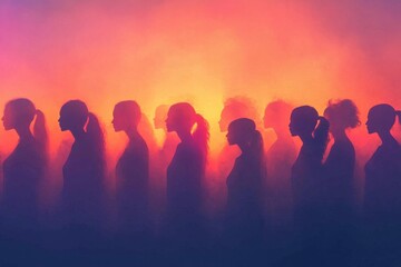 Fototapeta premium Silhouettes of women standing in a line against a vibrant colorful background during an artistic event