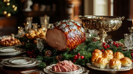 A large ham is the centerpiece of a Christmas table with many other dishes