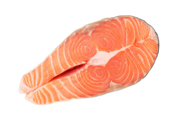 Steak of fresh raw salmon isolated on white, top view