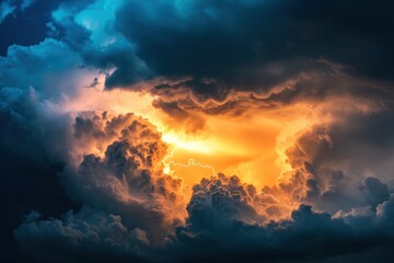 Fototapeta premium Airplane navigates through turbulent storm clouds at dusk near coastal region. Generative AI