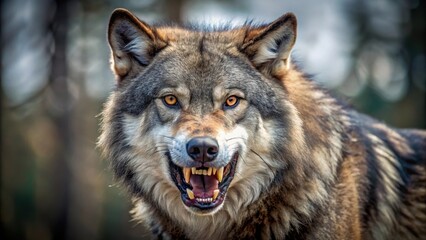 Large wolf with its mouth open wide in a fierce snarl while staring straight at the camera, showing sharp teeth and a dominant posture , aggressive, beast