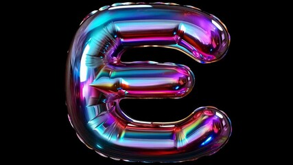 Vibrant metallic balloon animation with rotating iridescent letter e on black background - Powered by Adobe