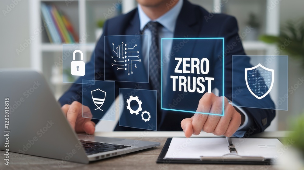 Poster businessman implementing zero trust security system
