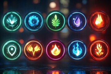 Colorful elemental symbols with vibrant glowing lights in a mystical urban setting surrounded by shadows and reflections