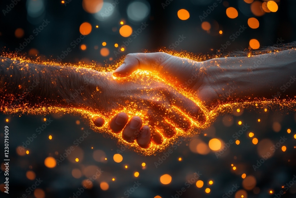 Poster handshake between two individuals illuminated by golden sparks in a dark forest setting