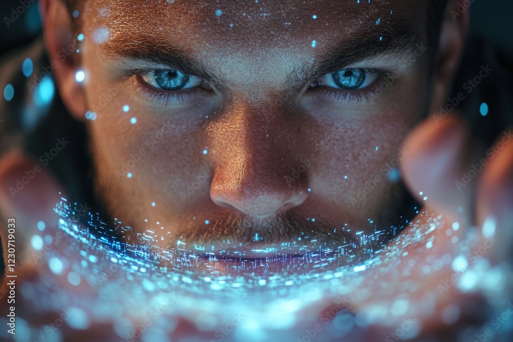 Poster man focuses intently on glowing holographic data in a dimly lit futuristic environment
