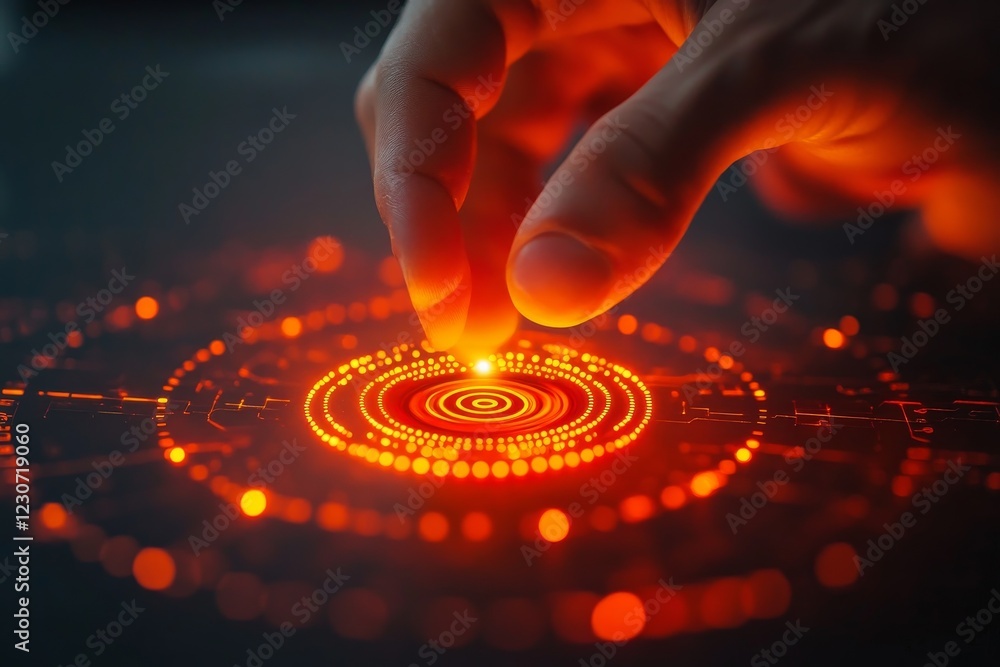 Aufkleber interactive digital interface showcasing luminous red lights and a hand engaged in a high-tech task 